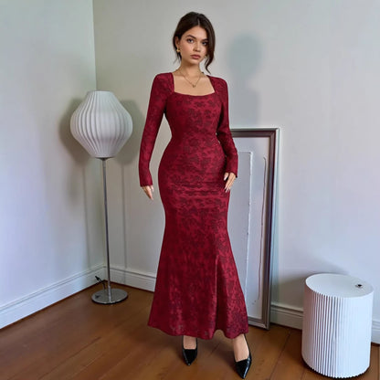 Spring Dress Elegant Slim Fit Square Collar Lace Long Sleeve Dress