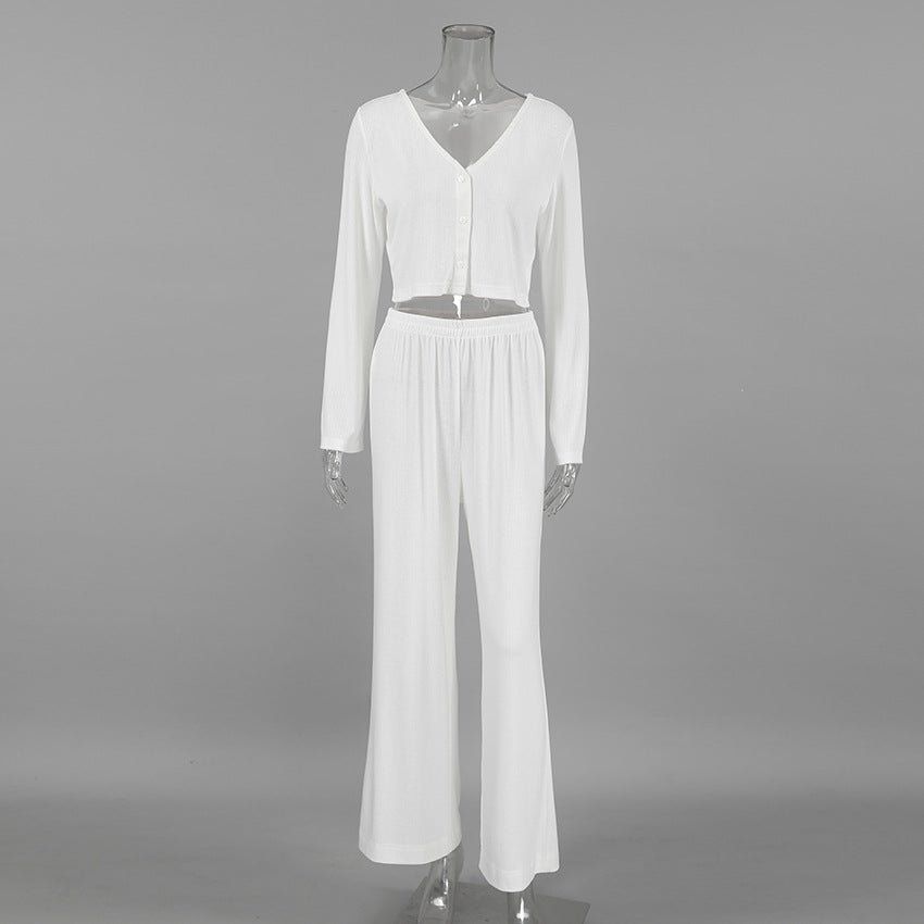 Autumn Winter White Knitted Fabric Jacquard Home Wear Long Sleeves Cropped Trousers Two Piece Soft Pajamas