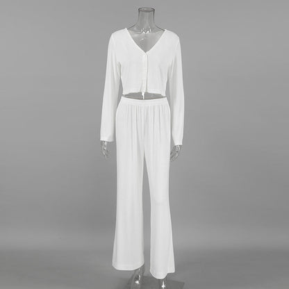 Autumn Winter White Knitted Fabric Jacquard Home Wear Long Sleeves Cropped Trousers Two Piece Soft Pajamas