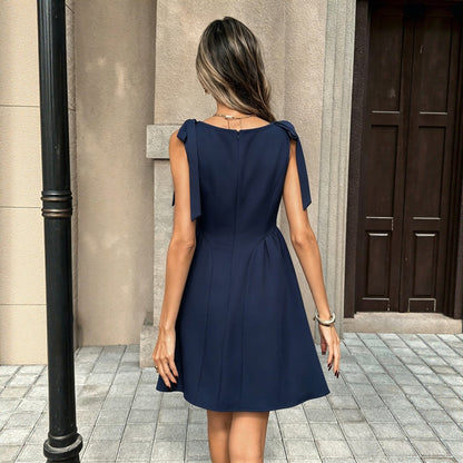 Summer Navy Blue Sleeveless Bow Dress Waist Slimming Gentle Dress