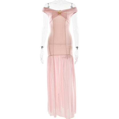 Elegant Tube Top Ladies Dress Sexy Mesh Stitching Backless Pleated Slim Fit Maxi Dress