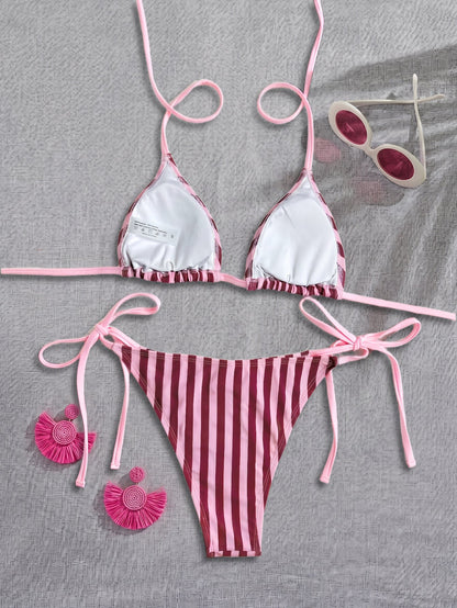 Women Striped Printed Bikini Halter Strap Sexy Split Bikini Seaside Swimwear