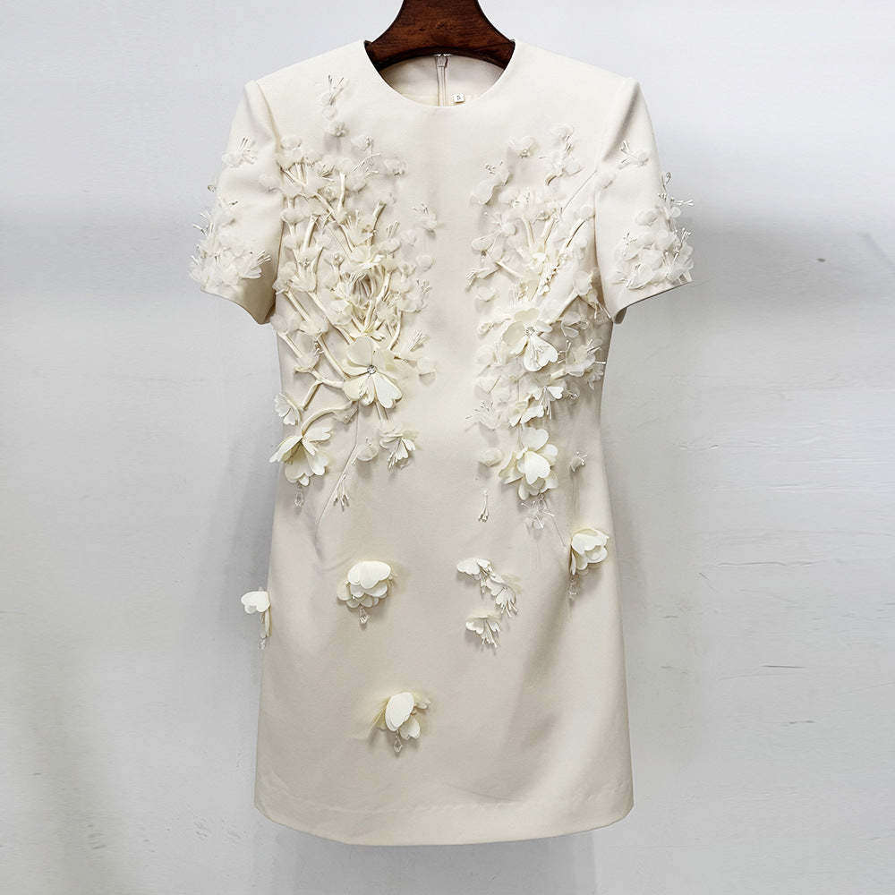 Spring Summer Star Heavy Industry Three Dimensional Floral Beaded Short Sleeve Dress
