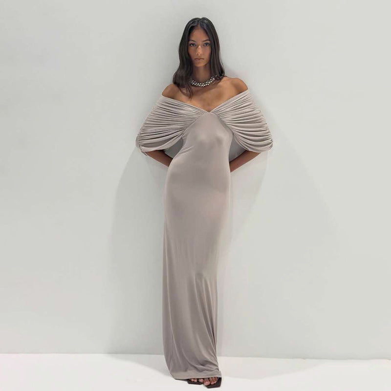 Spring Women Clothing Sexy off Neck Sleeve Slim Solid Color Maxi Dress Women