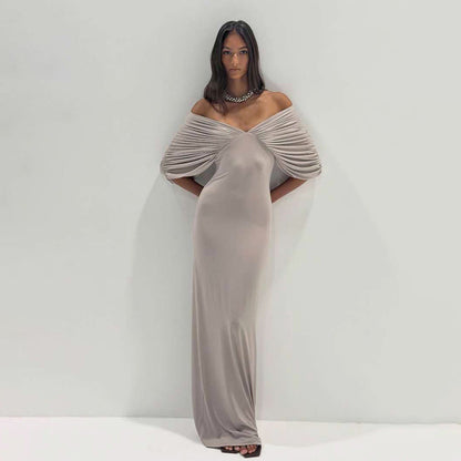 Spring Women Clothing Sexy off Neck Sleeve Slim Solid Color Maxi Dress Women