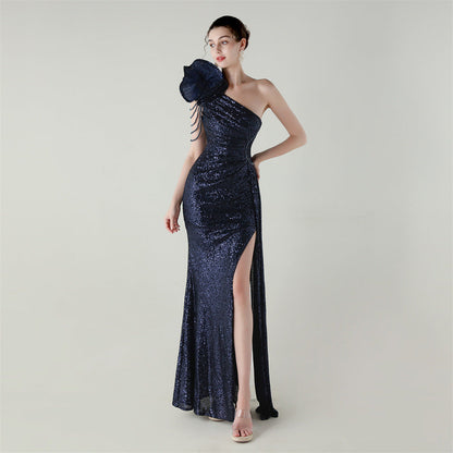 Craft Floral Beaded One Shoulder Diagonal Collar Fishtail Evening Dress Dinner Wedding Awards Ceremony Social Dress