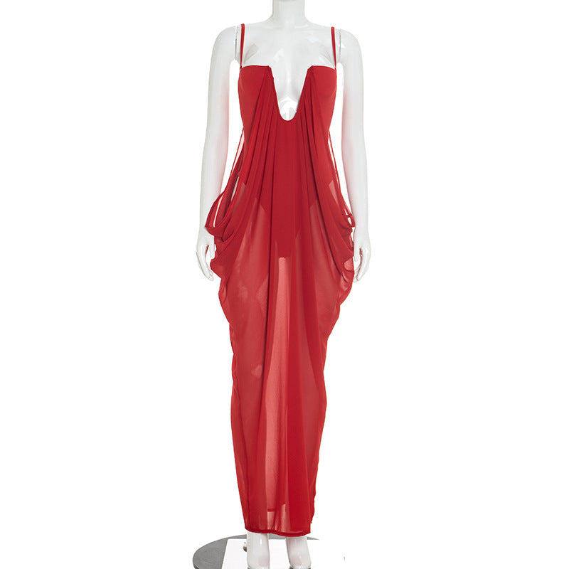 Women Clothing Autumn Solid Color Casual Sleeveless Straps Tulle Stitching Jumpsuit Dress