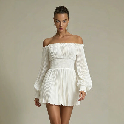 Summer Women Pleated off Neck Long Sleeve Smocking Waist Trimming Casual French Dress