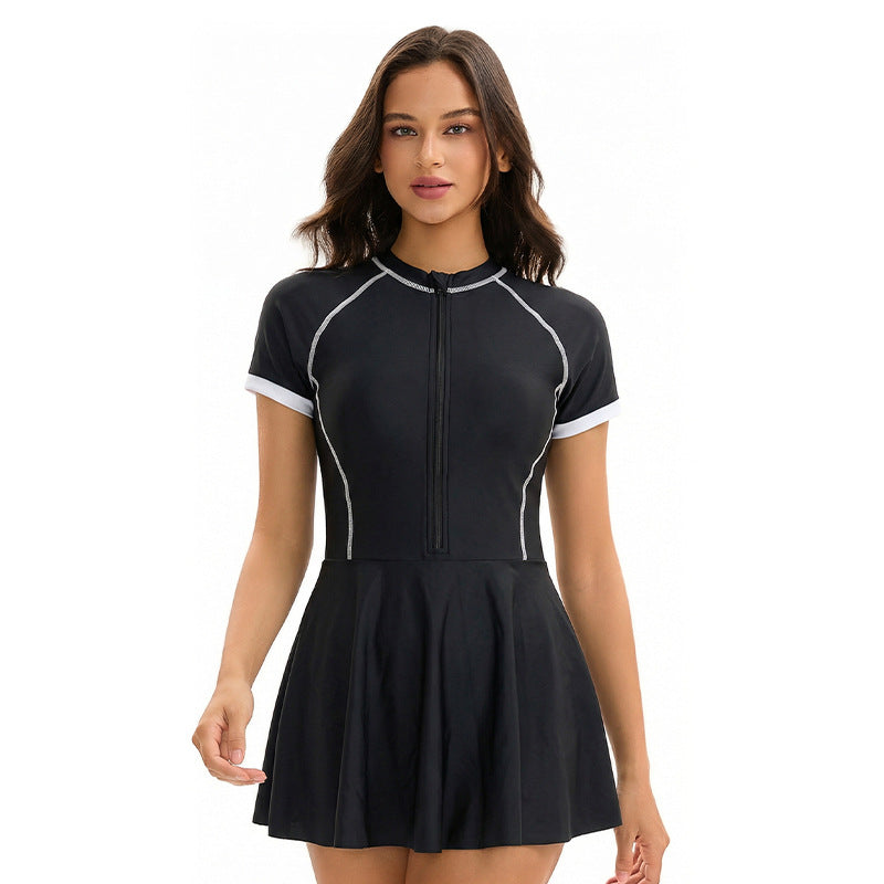 Dress Siamese Triangle Swimsuit Women Short Sleeve Conservative Sun Protection Sports Swimsuit