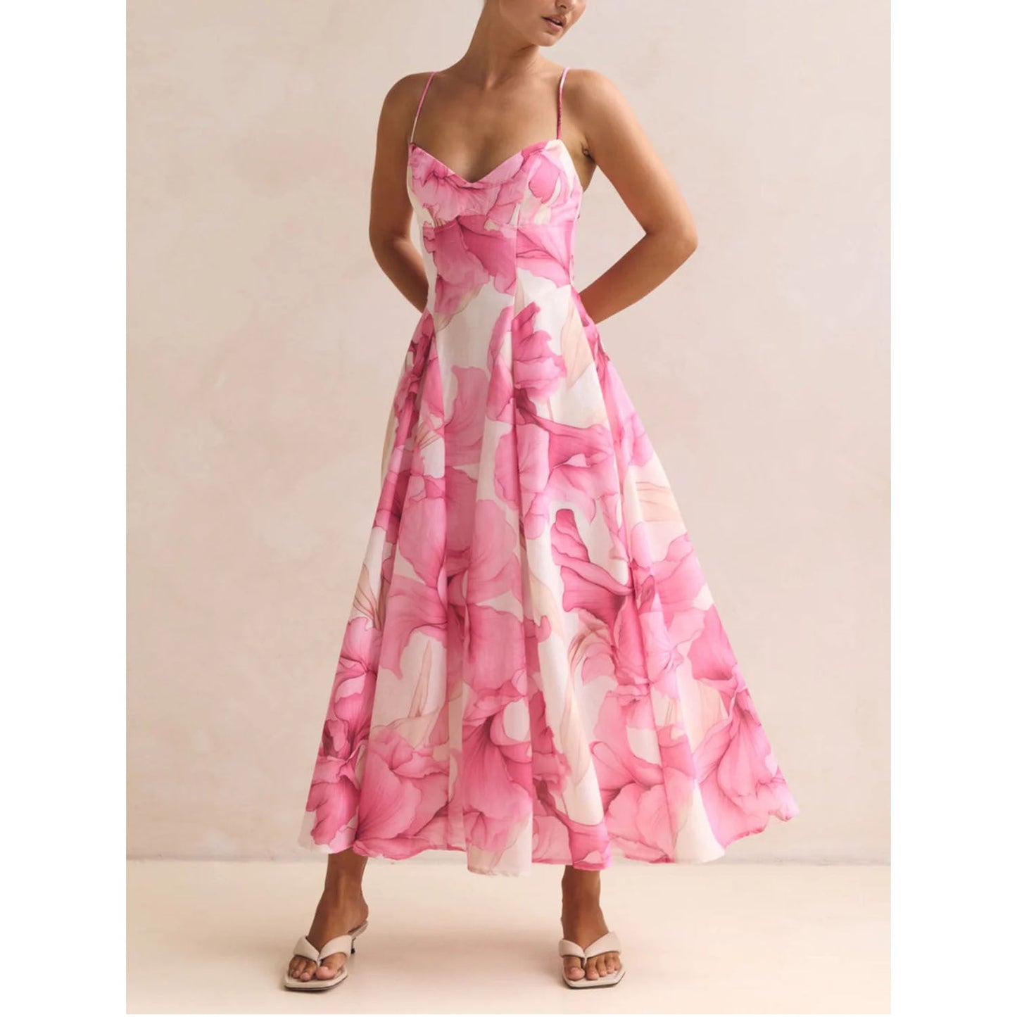 Spring Summer Digital Printing Large Swing Sweet Mid Length Strap Dress