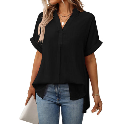 Summer Women V neck Short Sleeve Striped Loose Plaid Shirt