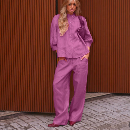 Stand up Collar 3/4 Sleeve Cardigan Shirt Loose Trousers Casual Two Piece Sets Shirt Women