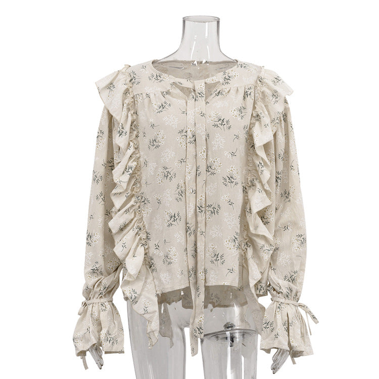 French Design Ruffled Tied Printed Shirt Women Arrival round Neck Flared Sleeves All Match Office Top
