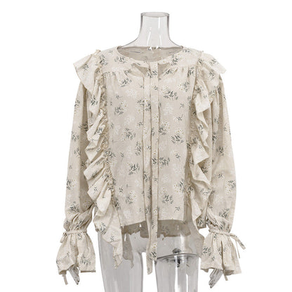 French Design Ruffled Tied Printed Shirt Women Arrival round Neck Flared Sleeves All Match Office Top
