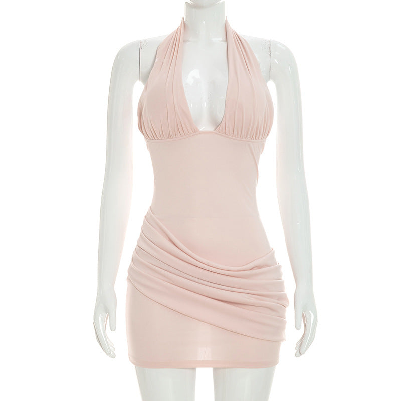 Women Clothing Summer Solid Color Casual Sleeveless Halter Lace Up Pleated Backless Short Dress