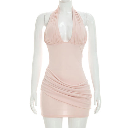 Women Clothing Summer Solid Color Casual Sleeveless Halter Lace Up Pleated Backless Short Dress