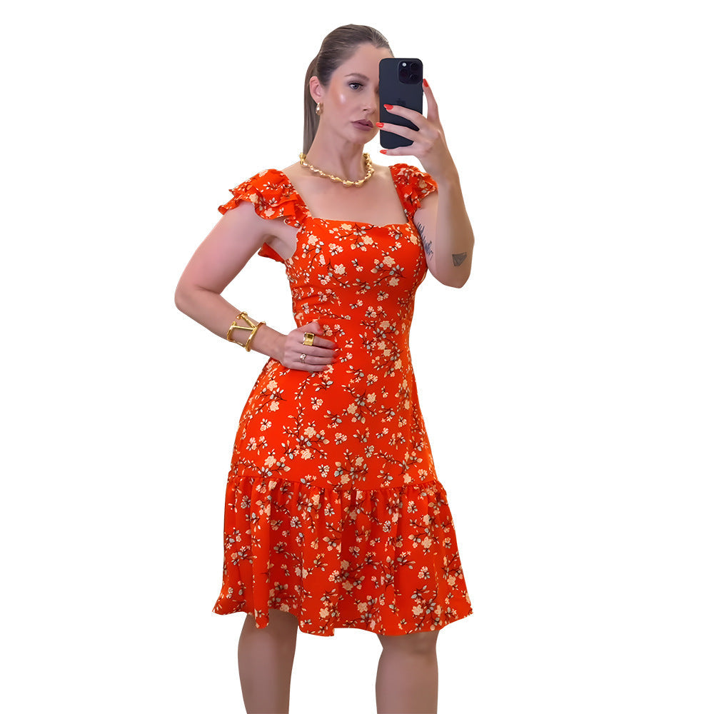 Printing Flounced Sleeve Summer Dress