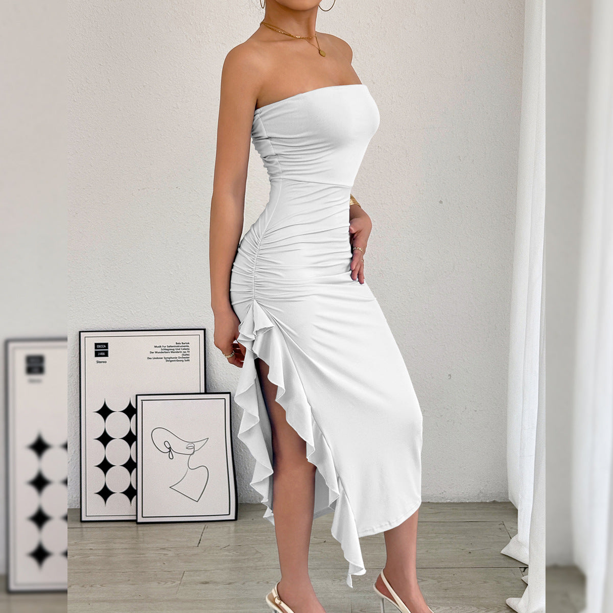 Autumn Winter Women Clothing Slim Fit Slit Wrapped Chest Bag Hip Sexy Dress