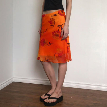 Chinese Retro Floral Print Rendering Contrast Color Sheath Skirt Vacation Chiffon Mesh Midi Skirt