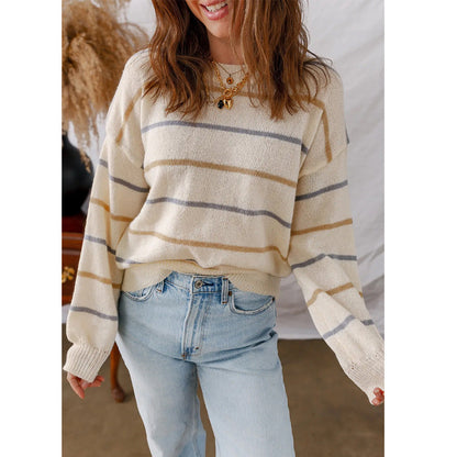 Women Casual Color Striped Pullover Long Sleeve Loose Sweater