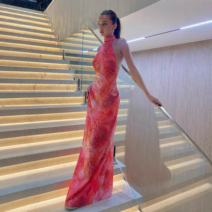 Summer Seaside Vacation Sexy Sleeveless Halter Backless Maxi Dress Women