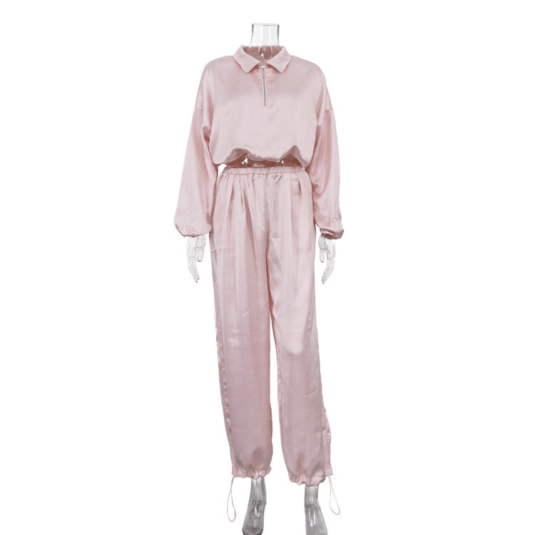 Elegant Women Clothing High Grade Satin Casual Women Long Sleeve Collared Top Ankle Banded Pants Two Piece Sets