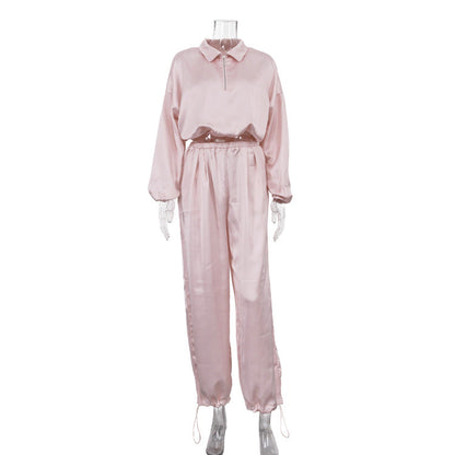 Elegant Women Clothing High Grade Satin Casual Women Long Sleeve Collared Top Ankle Banded Pants Two Piece Sets