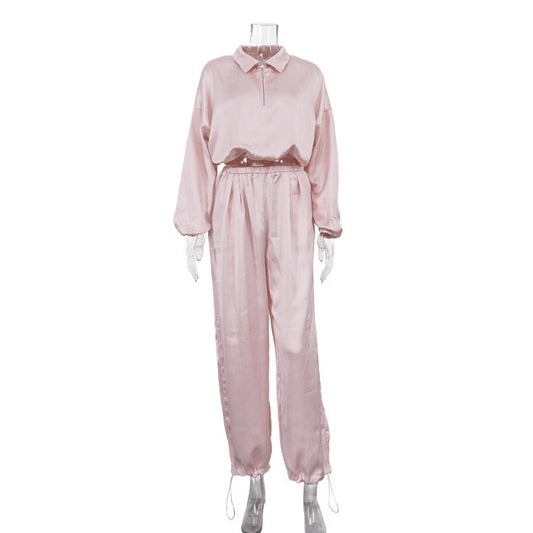 Elegant Women Clothing High Grade Satin Casual Women Long Sleeve Collared Top Ankle Banded Pants Two Piece Sets