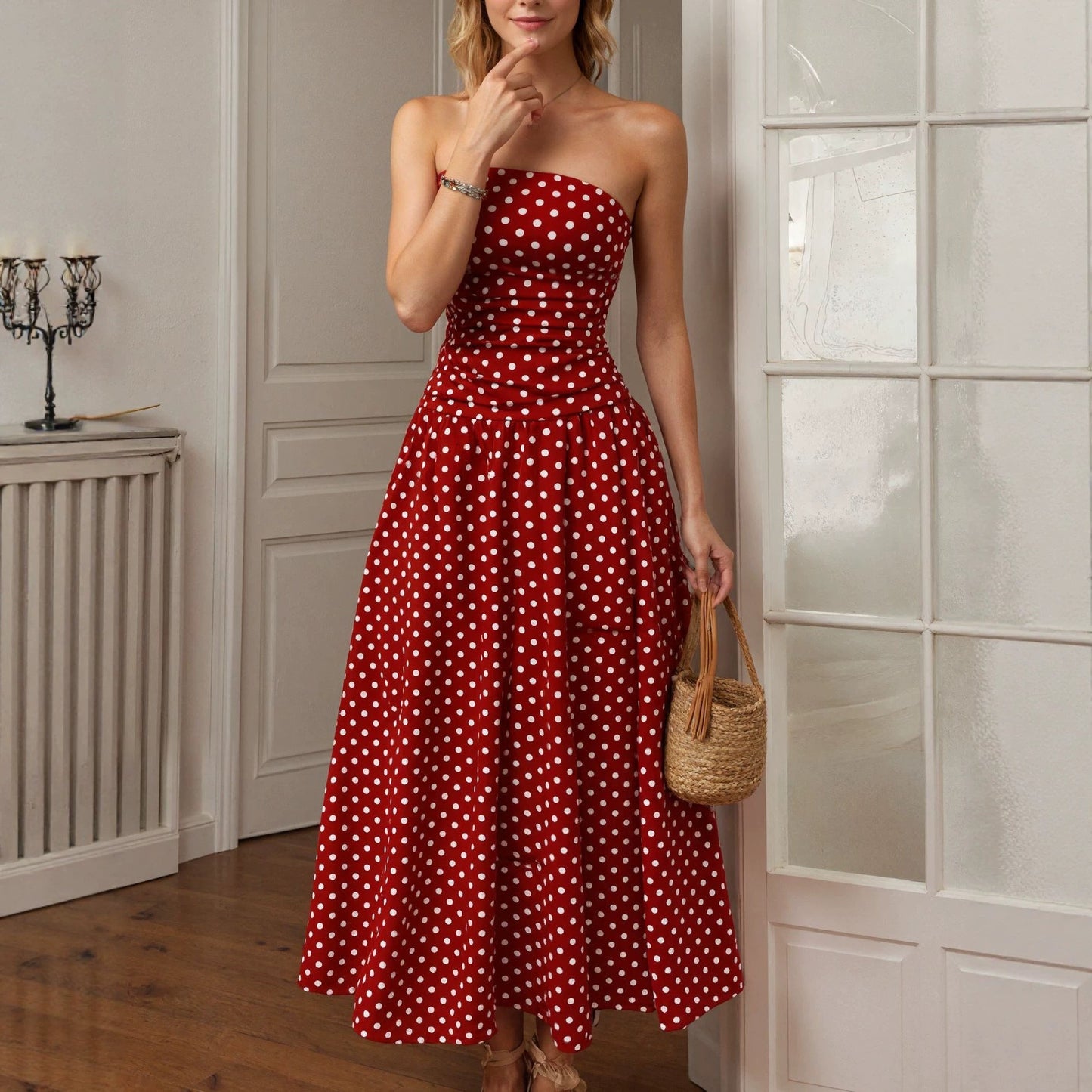 Summer Polka Dot Tube Top Dress Women Slim Fit A line Dress