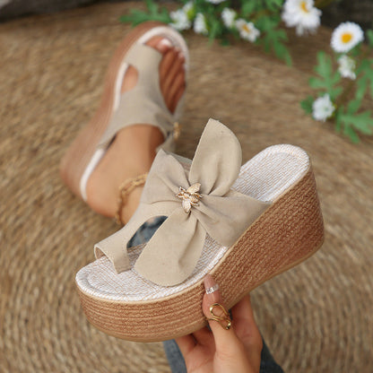 Metal Buckle Suede Toe Covering Wedge Slippers Women Bow Platform Muffin Beach Sandals