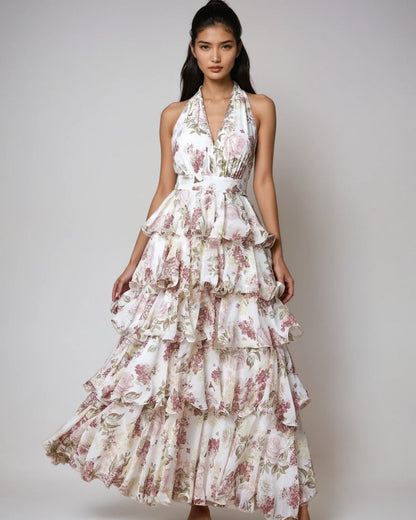 Spring Women Clothing Dress Sexy V neck Sling Multi Layer Printing Dress