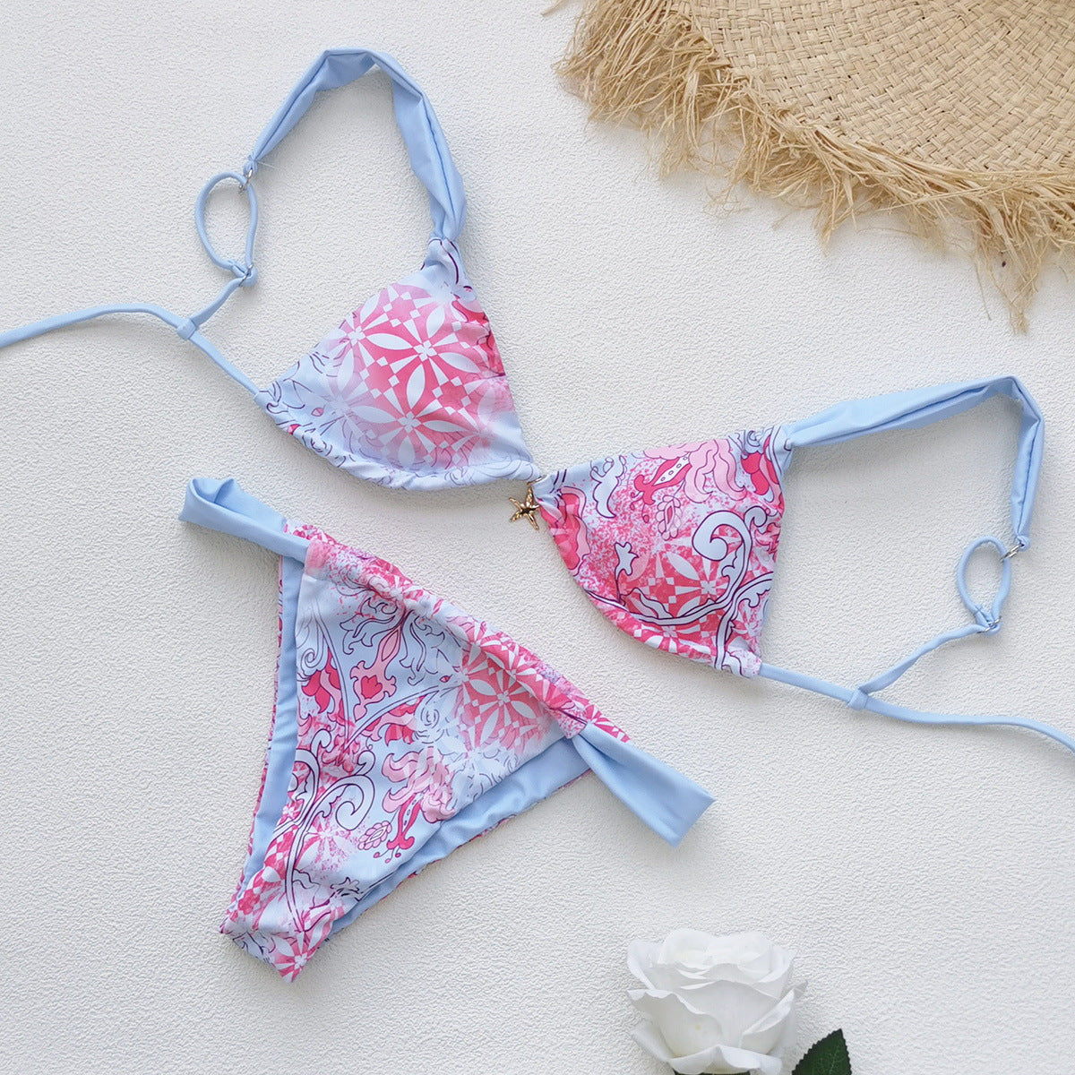 Floral Three Point Low Waist Bikini Strap Sexy Backless Split Swimsuit Women Bikini