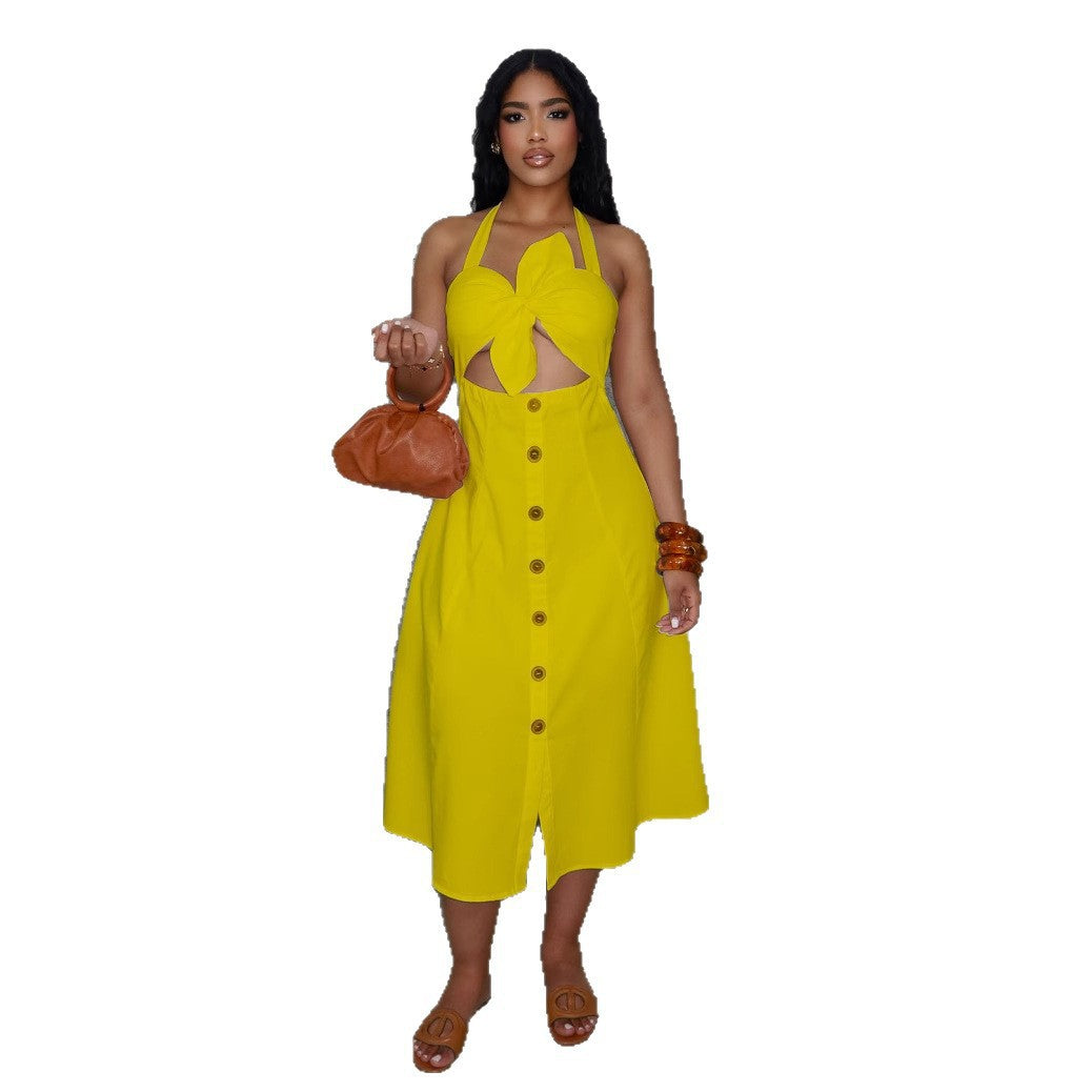 Elegant Office Solid Color Twist Decoration Smocking Halter Tied Dress