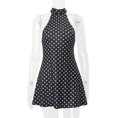 Women Clothing Summer Polka Dot Printed Sexy Backless Waist Trimming Dress