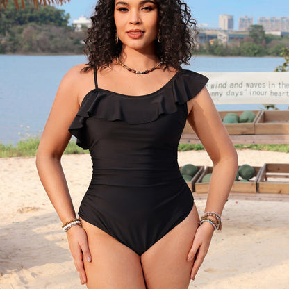 Sexy One Shoulder Lace Pleating One Piece Swimsuit