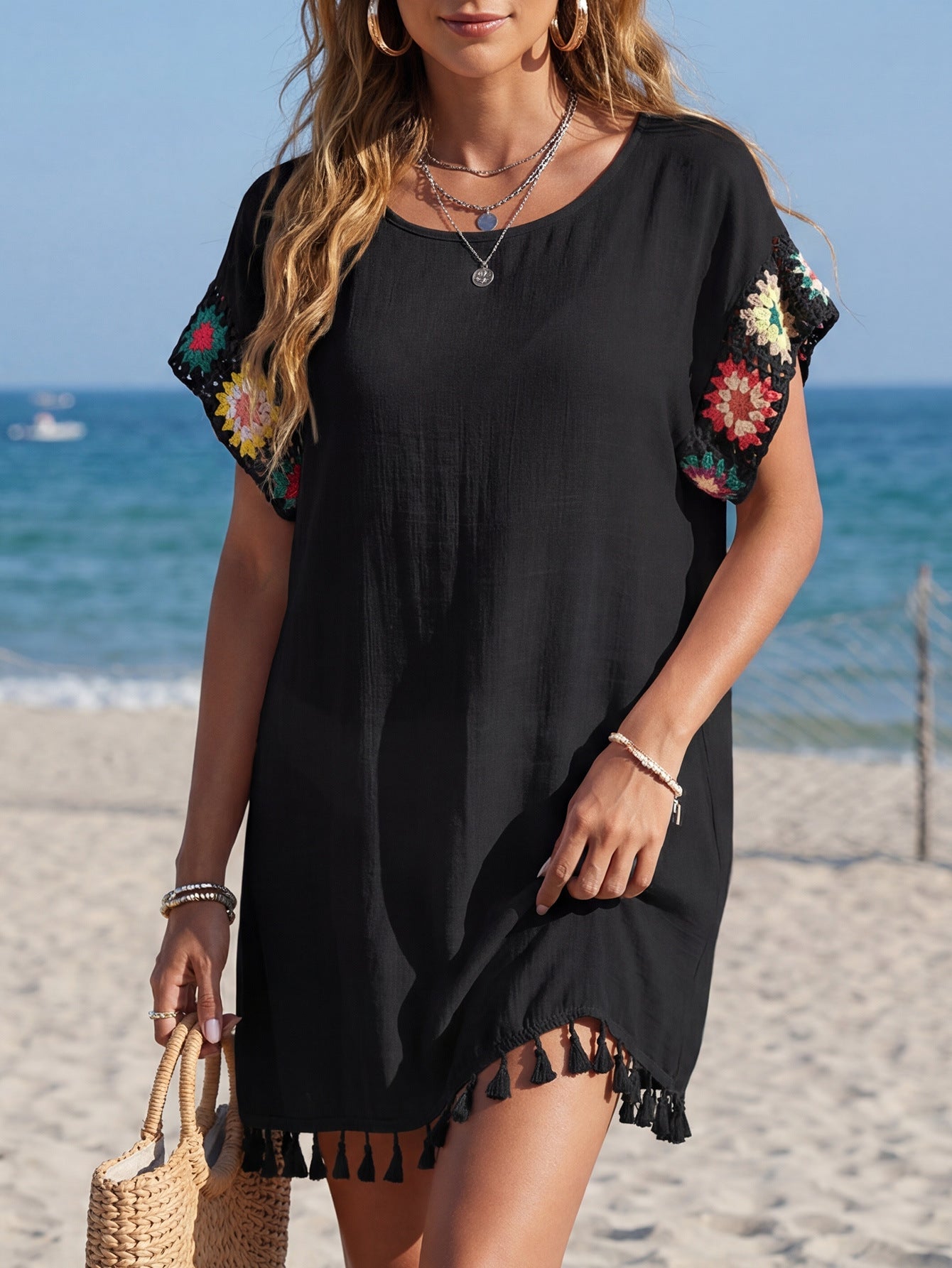 Women Beach Cover up Random Mixed Color Crochet Stitching Tassel Dress Bikini