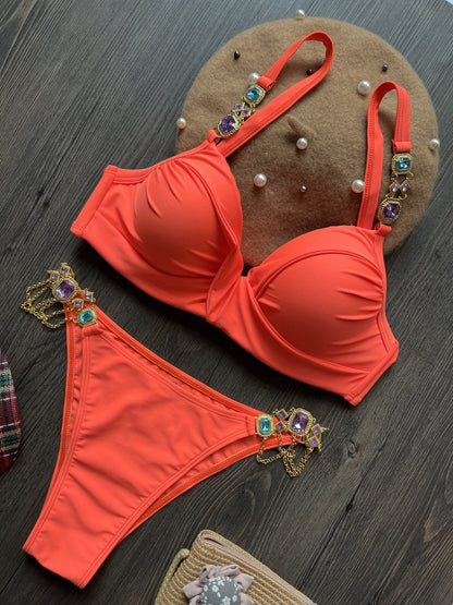 Gathering Steel Bracket Solid Color Bikini Sexy Crystal Diamond Swimsuit Split Swimwear Women