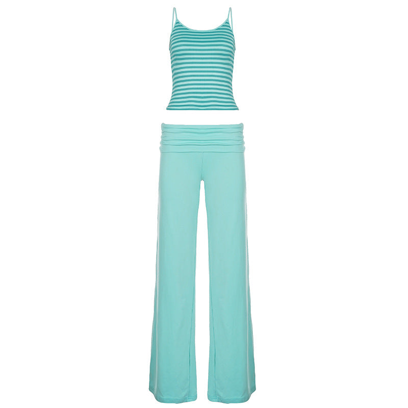 Women Clothing Mint Green Striped Street Suspender Trousers Two Piece Sets Summer