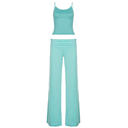 Women Clothing Mint Green Striped Street Suspender Trousers Two Piece Sets Summer