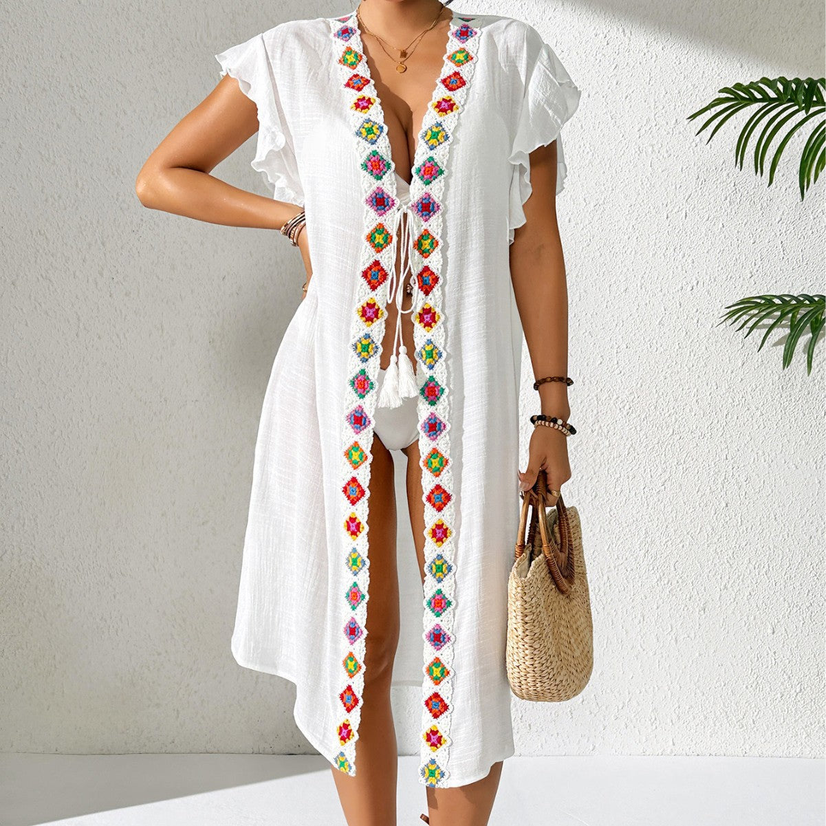 Women Beach Beach Cover Up Women Sun Protection Coat Imitation Hand Crocheting Lace Patchwork Ruffled Lace up Cardigan