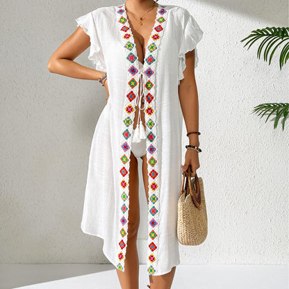 Women Beach Beach Cover Up Women Sun Protection Coat Imitation Hand Crocheting Lace Patchwork Ruffled Lace up Cardigan