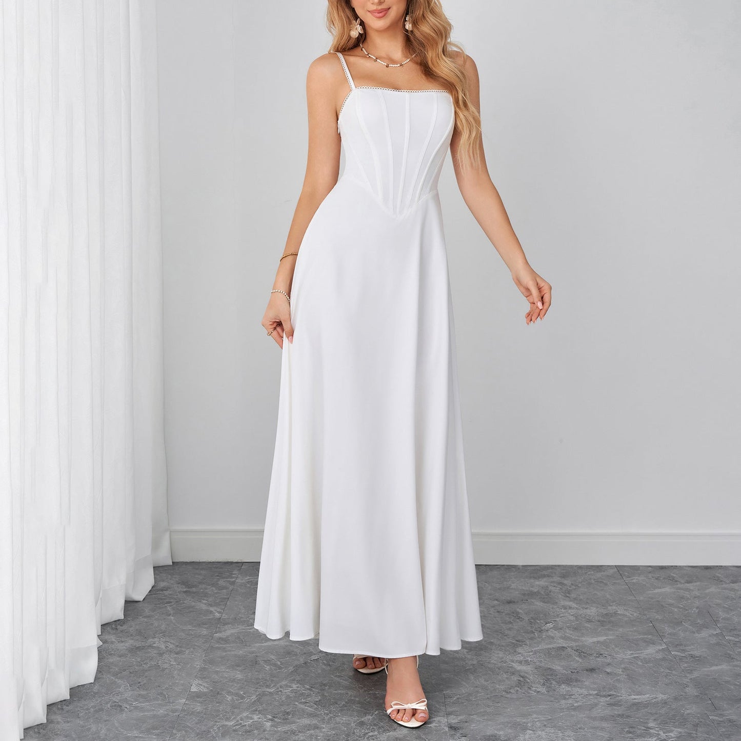 Summer Cami Dress Sexy Backless Lace up Waist Slimming Boning Corset Maxi Dress