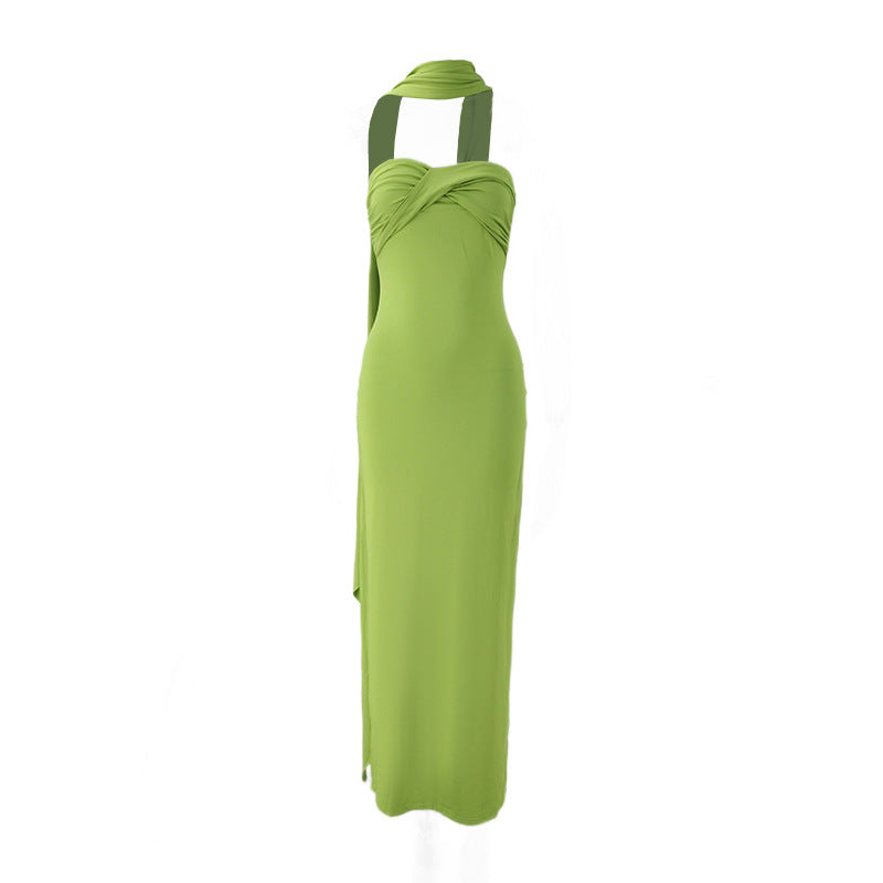 Women Summer Halter Ribbon Twist Woven Wrapped Chest Backless Slim Fit Niche Maxi Dress
