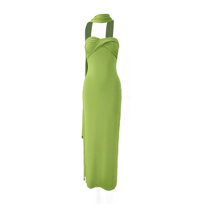 Women Summer Halter Ribbon Twist Woven Wrapped Chest Backless Slim Fit Niche Maxi Dress