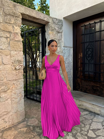 Goods Spring Summer Dress Fitted Waist Pleated V neck Brace Solid Color Dress
