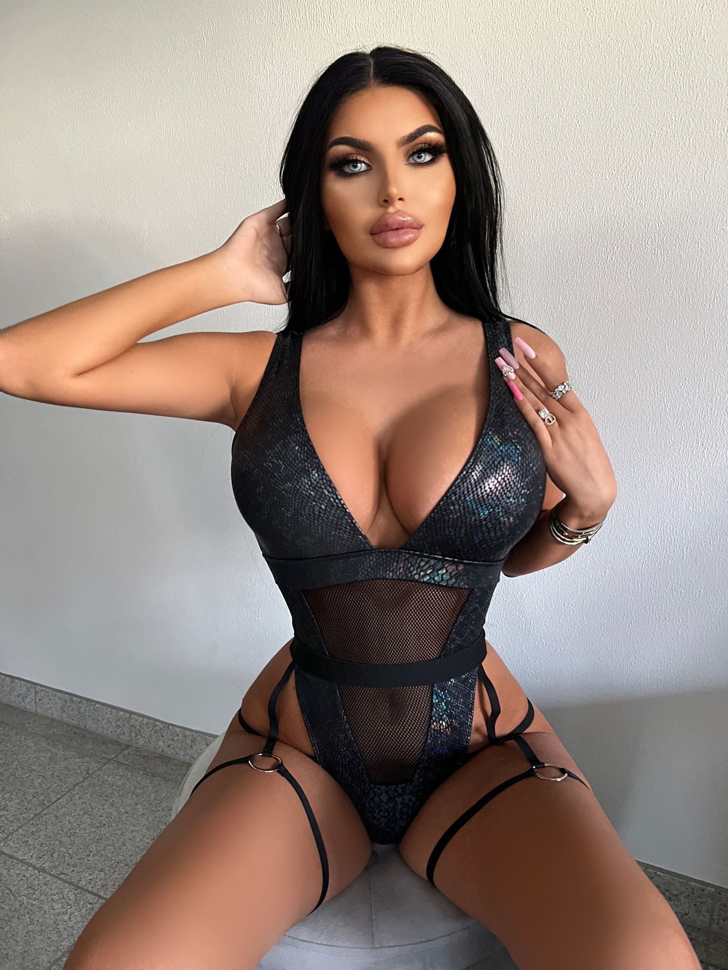Deep V Plunge Sexy Tight One Piece Swimsuit Bronzing Mesh Stitching Women Bikini