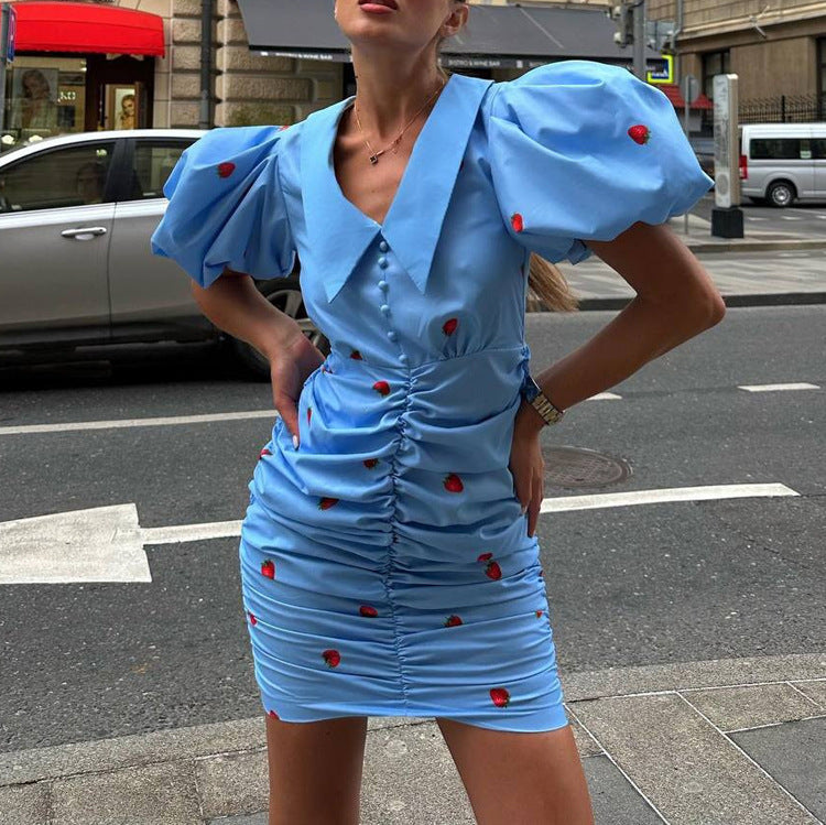 Summer Printed Short Dress Women Clothing Collared Puff Sleeve Pleated Hip