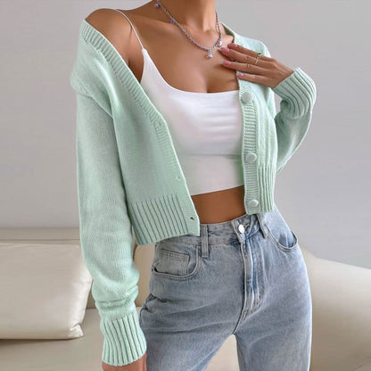 Fashionable Knitted Cardigan Women Spring Autumn round Neck Slim Short Solid Color Sweater Coat