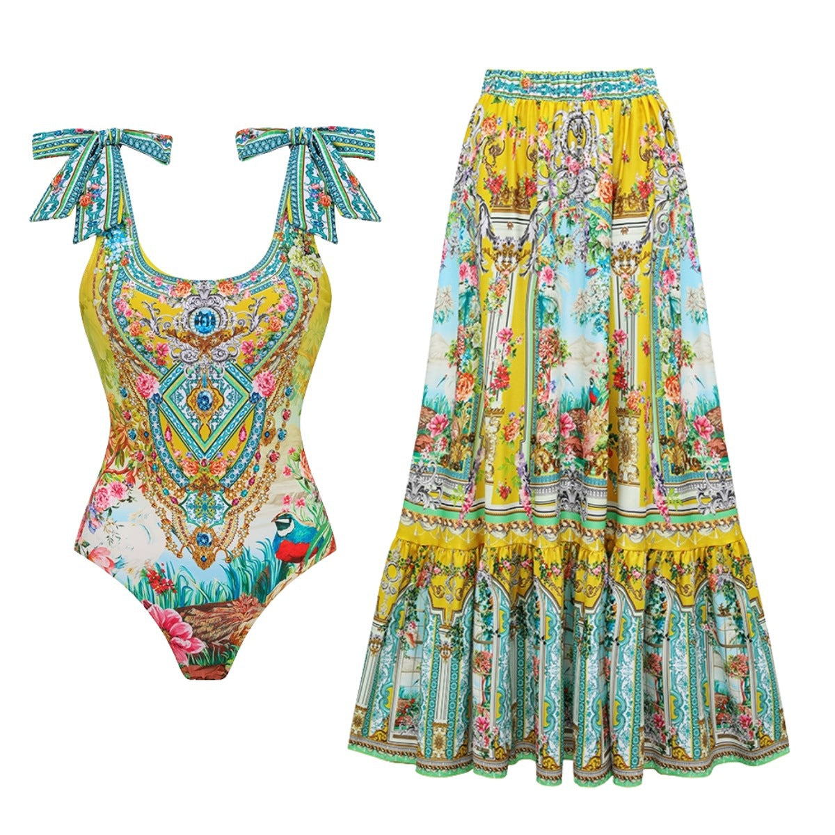Swimsuit Bright Yellow Garden Print Vacation Swimsuit Women Long Skirt
