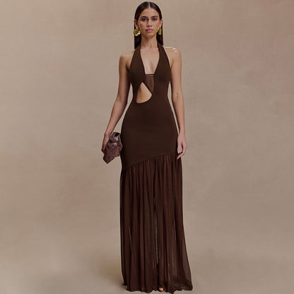 Women Dress Elegant Halter Sexy Cutout Pleated Backless Sheath Dress